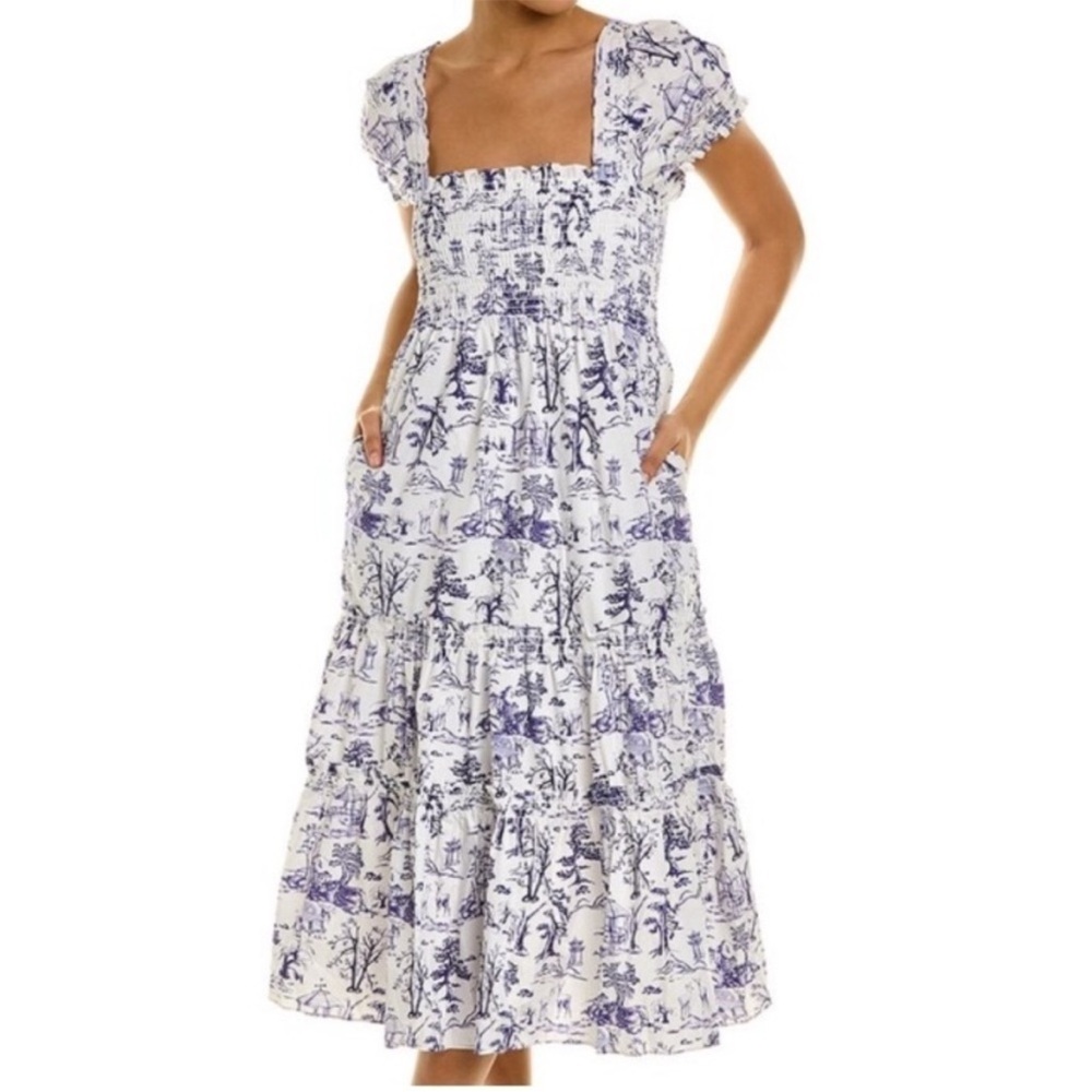 OPT Daphne Dress Size Small Blue Toile Smocked Puff Sleeve Square Anthropologie